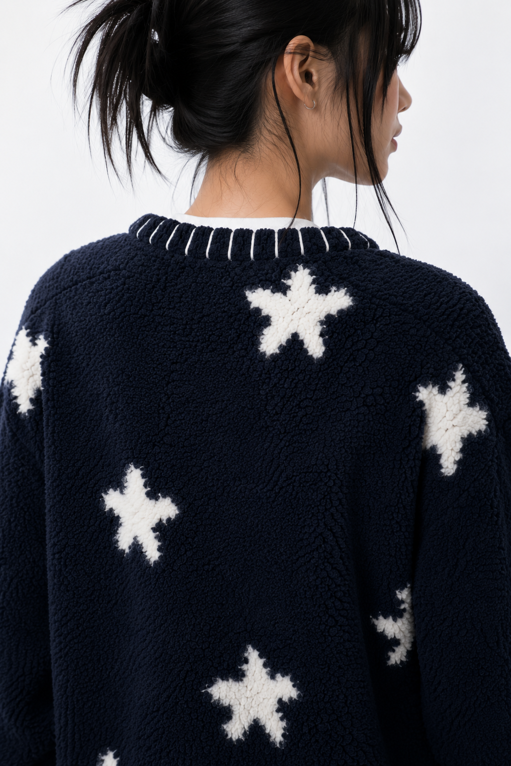 ★—Oversized Whimsygoth Star Cardigan – Coraline-Inspired Navy Sherpa Jacket