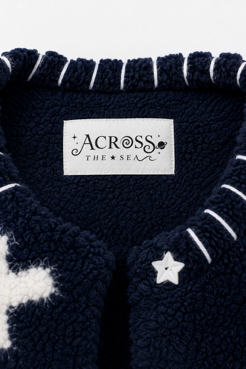 ★—Oversized Whimsygoth Star Cardigan – Coraline-Inspired Navy Sherpa Jacket