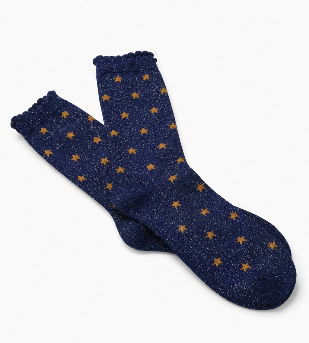 𖤐—Navy Glitter Star Socks | Whimsygoth & Coraline-Inspired Crew Socks