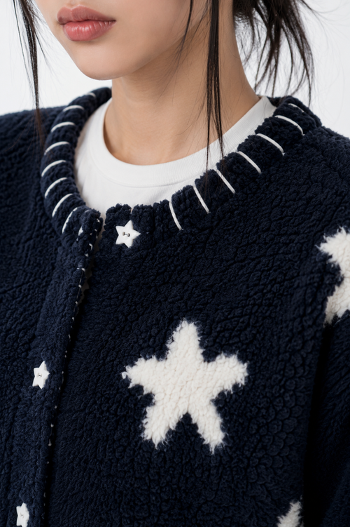 ★—Oversized Whimsygoth Star Cardigan – Coraline-Inspired Navy Sherpa Jacket