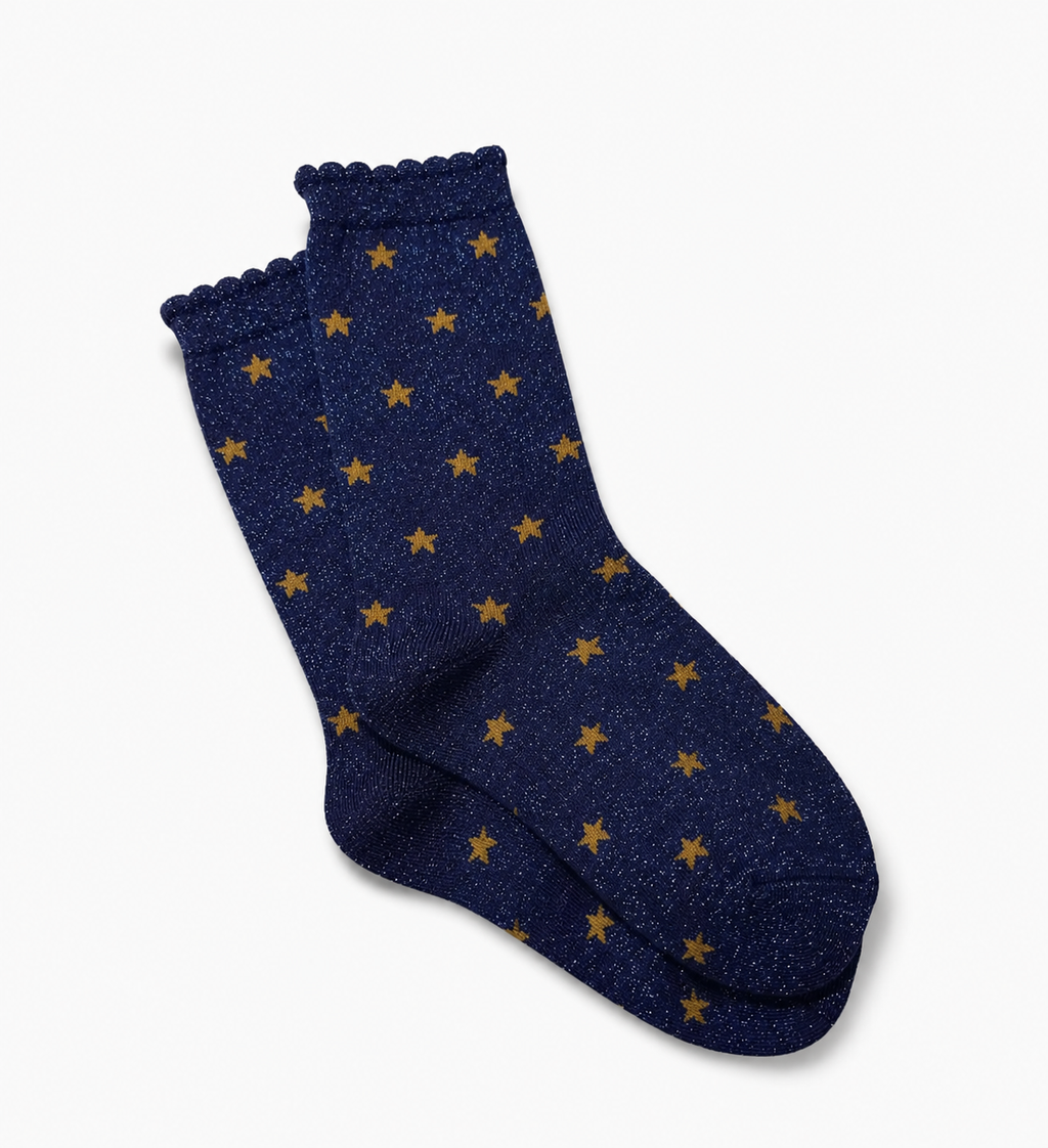 𖤐—Navy Glitter Star Socks | Whimsygoth & Coraline-Inspired Crew Socks
