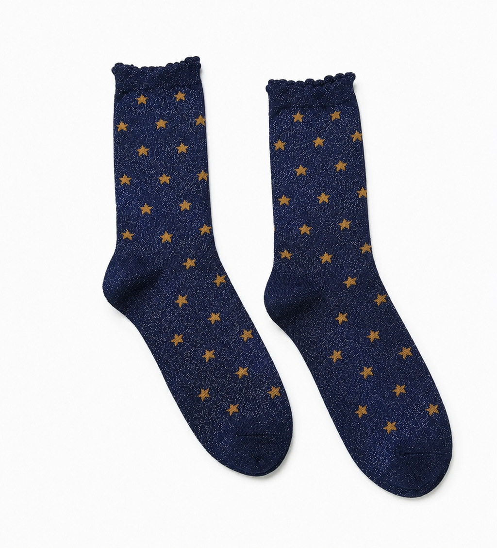 𖤐—Navy Glitter Star Socks | Whimsygoth & Coraline-Inspired Crew Socks