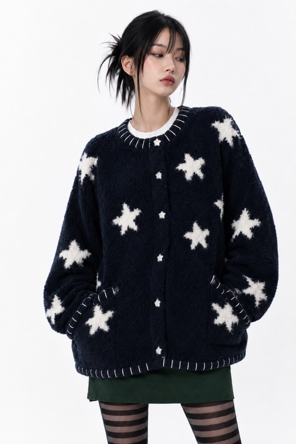 ★—Oversized Whimsygoth Star Cardigan – Coraline-Inspired Navy Sherpa Jacket