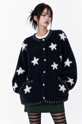 ★—Oversized Whimsygoth Star Cardigan – Coraline-Inspired Navy Sherpa Jacket