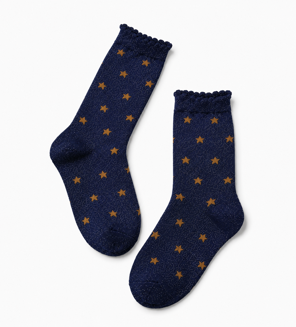 𖤐—Navy Glitter Star Socks | Whimsygoth & Coraline-Inspired Crew Socks